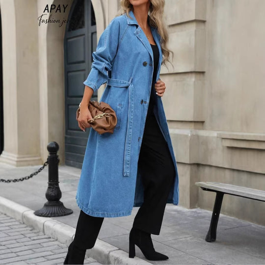Damen Langer Denim-Trenchcoat mit Bindegürtel und Raglanärmeln Shop Nory