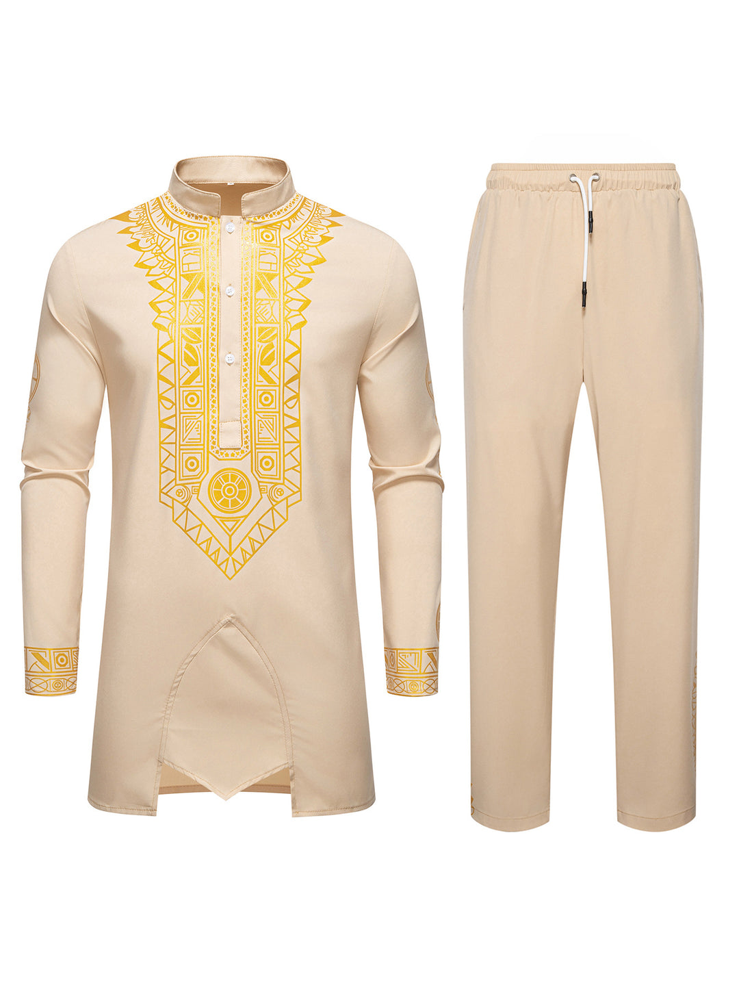 Herren Traditionelles Langarm-Kurta-Set mit Stehkragen, goldfarbenem Ornamentdruck und Tunnelzughose Shop Nory