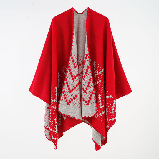 Damen Wendbarer Strickponcho mit Jacquardmuster und Zierkettelnaht Shop Nory