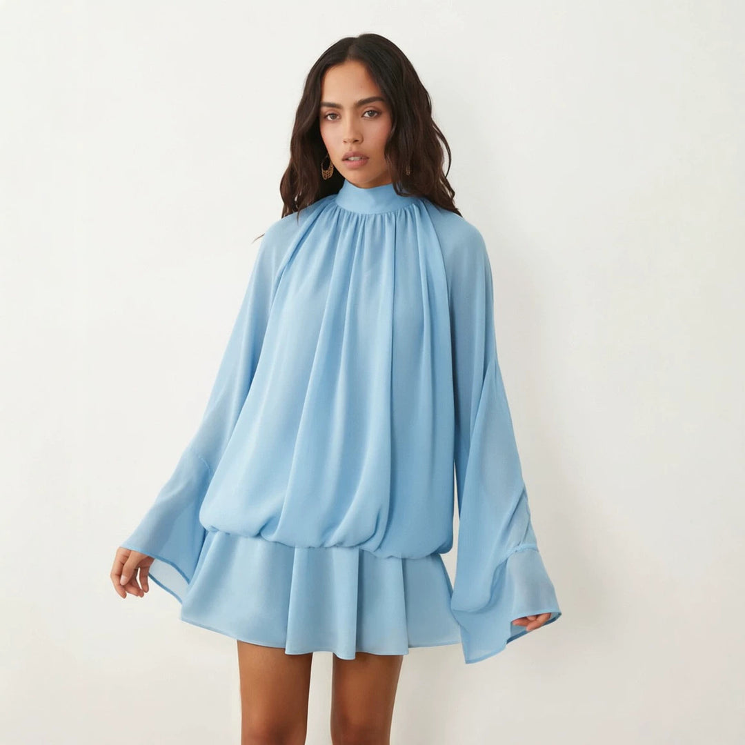 Damen Chiffon-Minikleid mit geraffter Blusentunika, Stehkragen und Volantrock Shop Nory