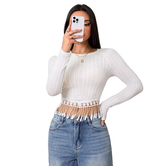 Damen gehäkeltes Crop-Longsleeve mit Fransen-Bordüre und Rippstruktur Shop Nory
