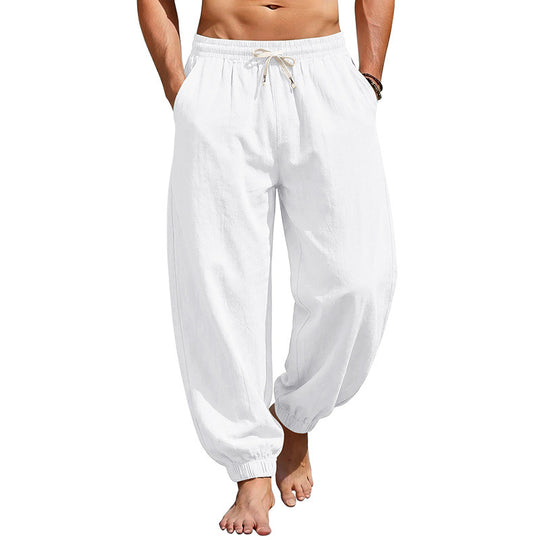 Herren Weite Leinenoptik-Strandhose mit Kordelzug, elastischem Bund und gerafften Beinabschlüssen Shop Nory