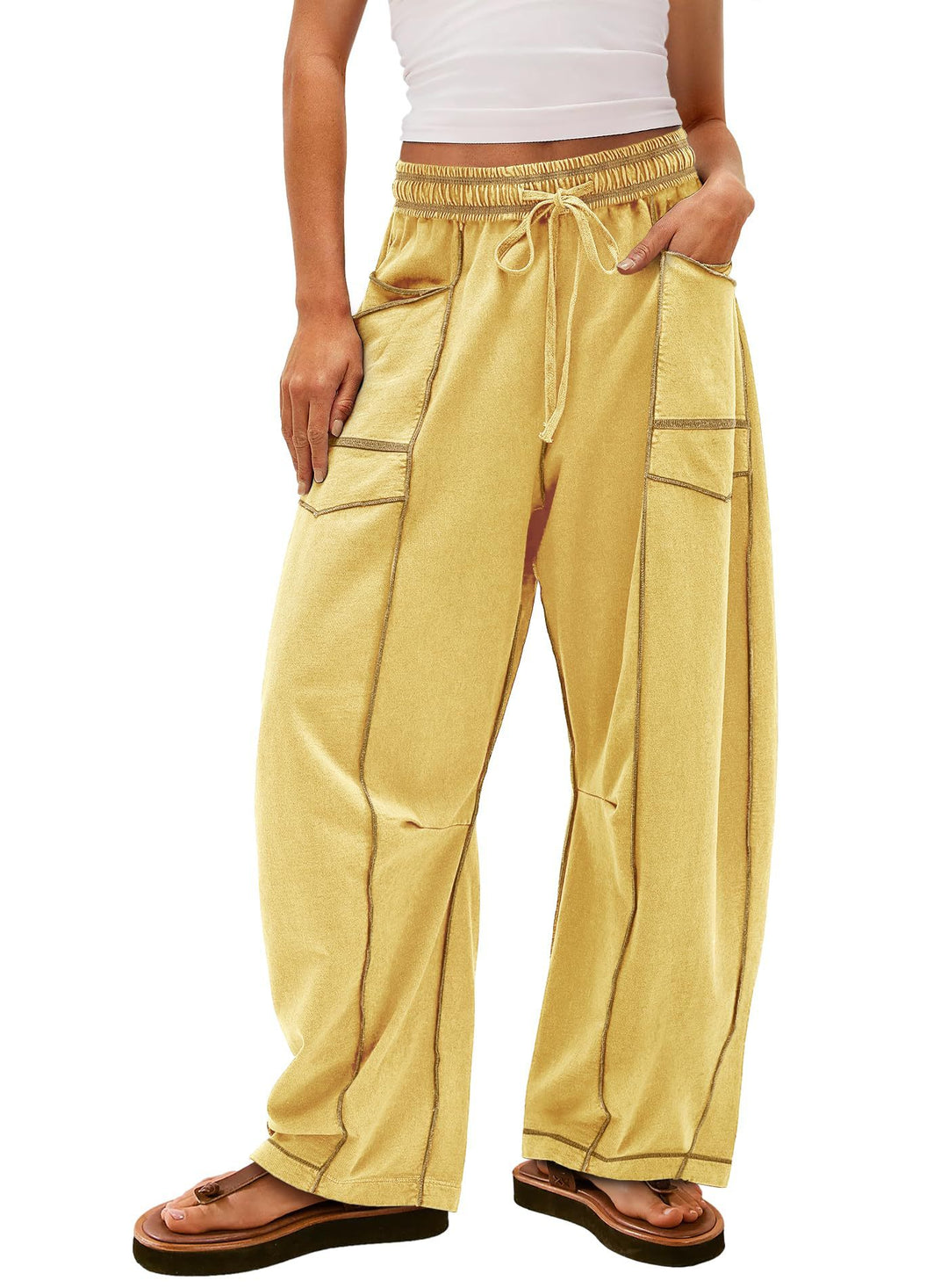 Damen weite Cargo-Loungehose mit elastischem Bund und Kontrastnähten Shop Nory