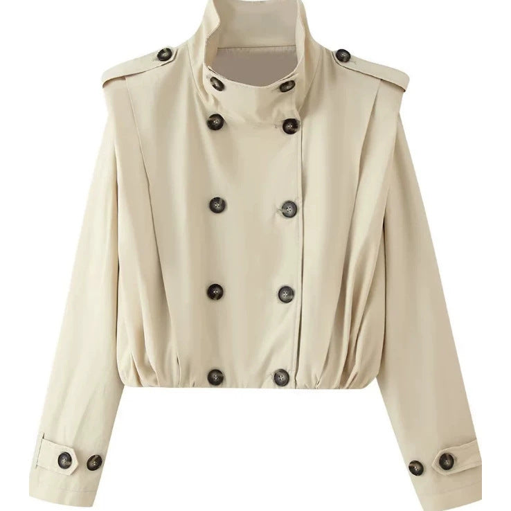 Damen Gekürzte doppeltreihige Trenchjacke mit Stehkragen, Epauletten und elastischem Saum Shop Nory