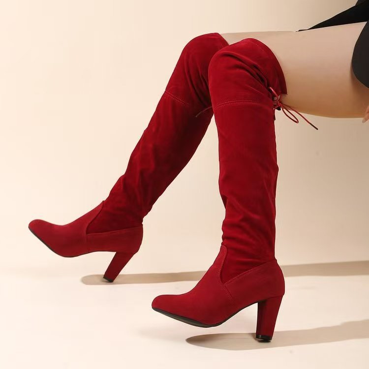 Damen Overknee-Stiefel mit geschwungenem Blockabsatz und weichem Veloursimitat Shop Nory