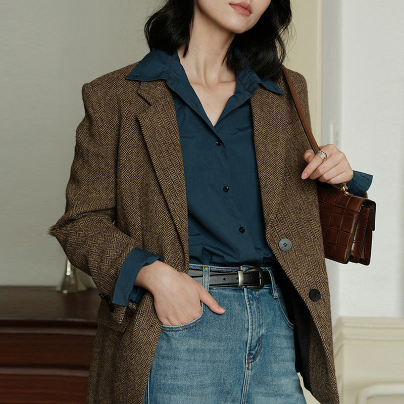 Damen Eleganter Herringbone Blazer Shop Nory