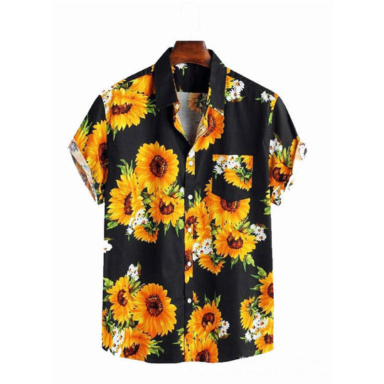 Herren Kurzarmhemd mit farbenfrohem Sonnenblumenmuster und leichtem Baumwollstoff