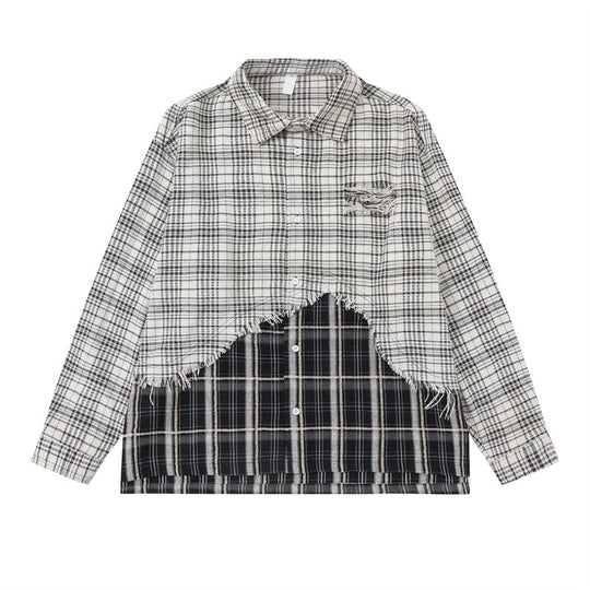 Unisex Oversize-Hemdjacke mit Lagenlook, ausgefranstem Saum und Karomix Shop Nory