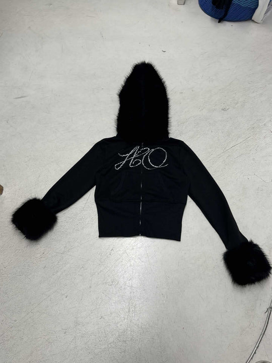 Damen nan kurze Kapuzenjacke mit Kunstfellbesatz und Strassverzierung Shop Nory