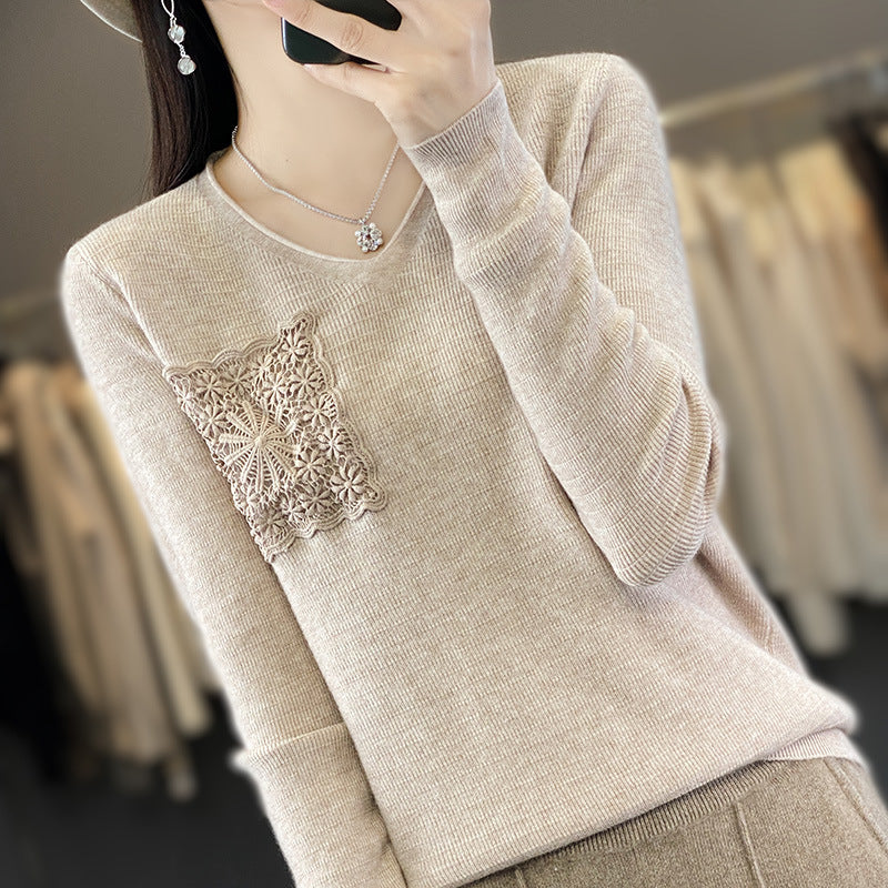 Damen Kaschmir‑Optik V‑Ausschnittpullover mit floraler Häkelapplikation Shop Nory