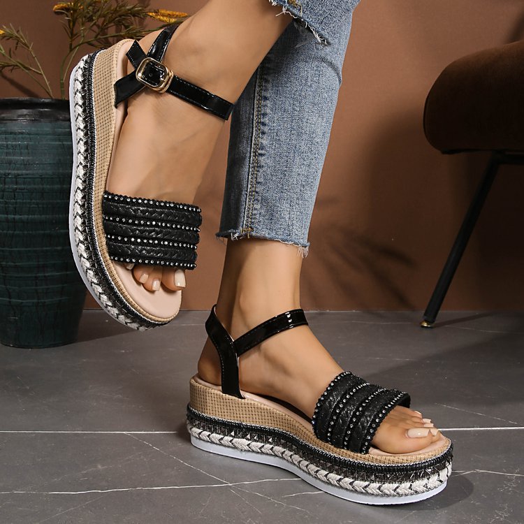 Damen Riemensandalen mit modischer Schmuckverzierung und Plateau-Rand
