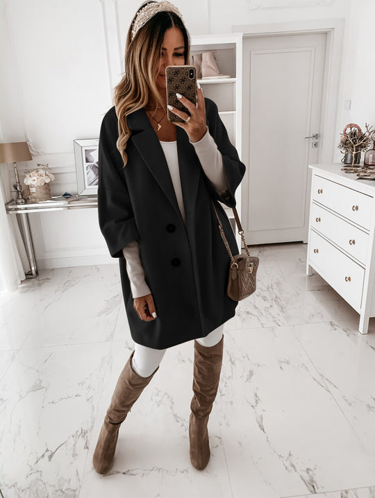 Damen nan kastiger Oversize-Kurzmantel mit fallendem Reverskragen und verdeckten Seitentaschen Shop Nory