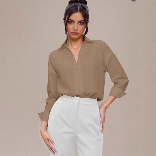 Damen Eleganter Hemdblusen-Body mit V-Ausschnitt, Oversize‑Schnitt und Umschlagmanschetten Shop Nory