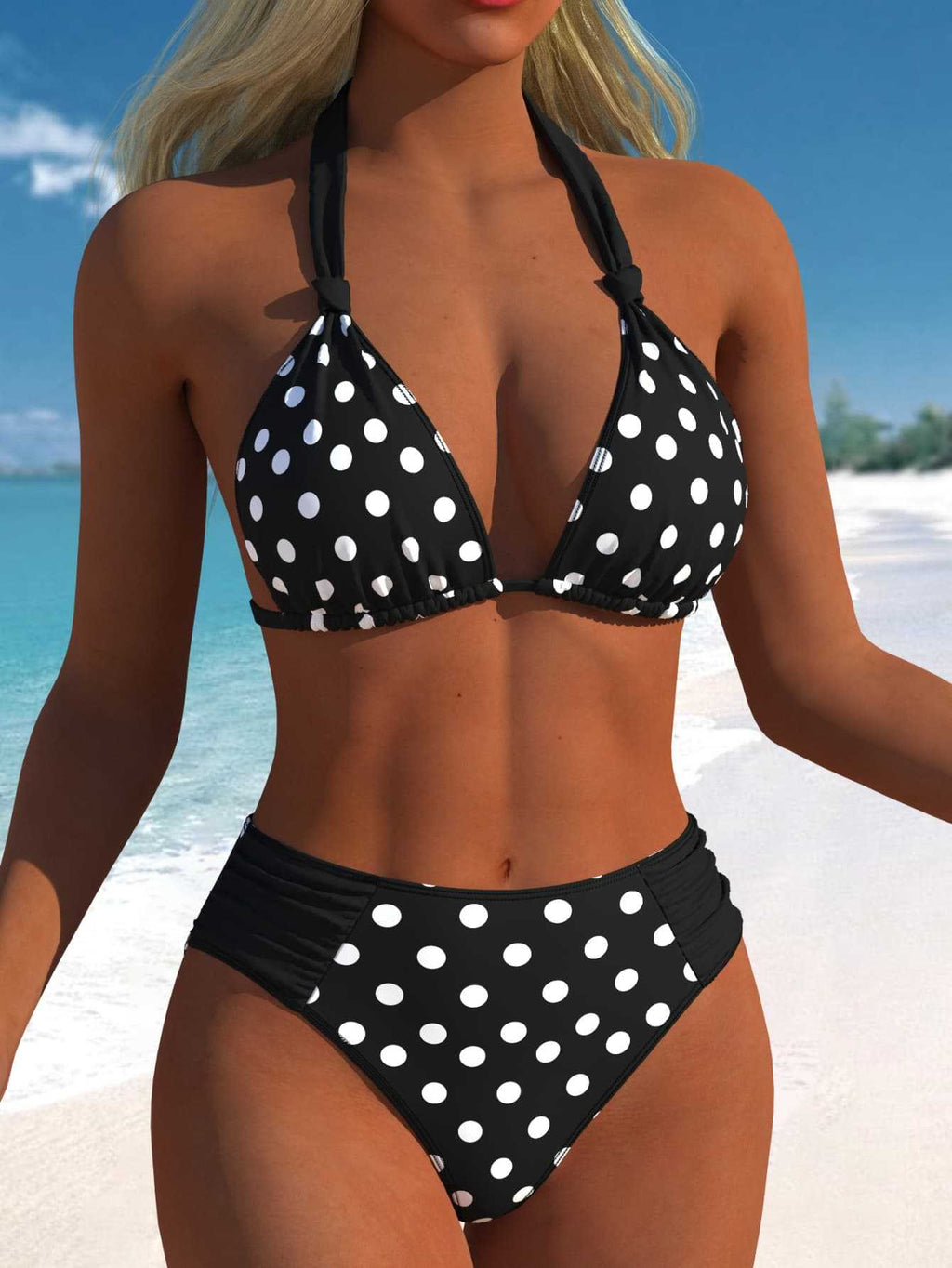 Damen Hochgeschnittener Triangel-Bikini mit punktiertem Design und verstellbaren Trägern