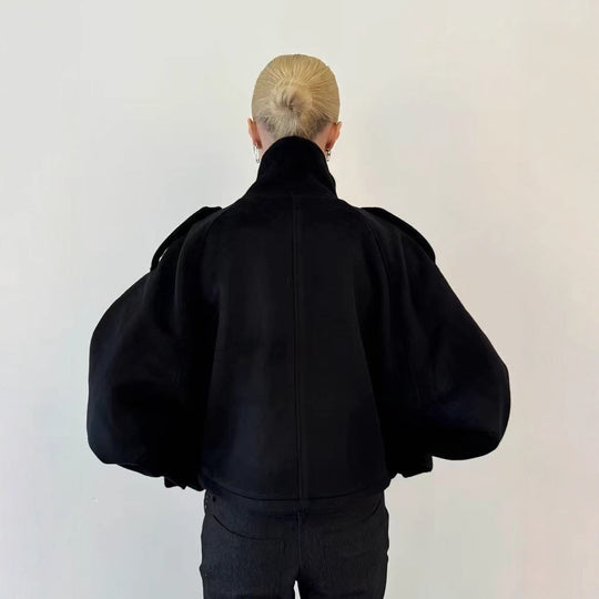 Damen Kurze Oversize Wolljacke mit Stehkragen und Schulterklappen Shop Nory