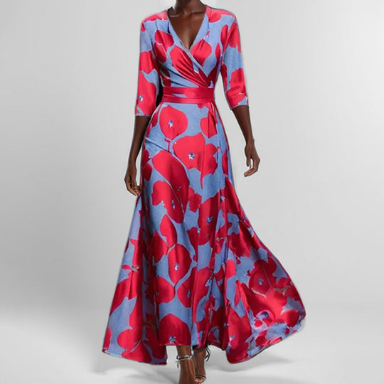 Damen Maxikleid mit Wickeloberteil, Taillengürtel und fließendem Satinrock Shop Nory