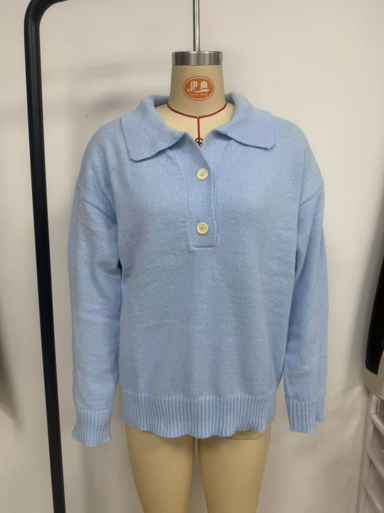 Damen lässiger Feinstrickpullover mit Polokragen und Zwei-Knopf-Leiste Shop Nory