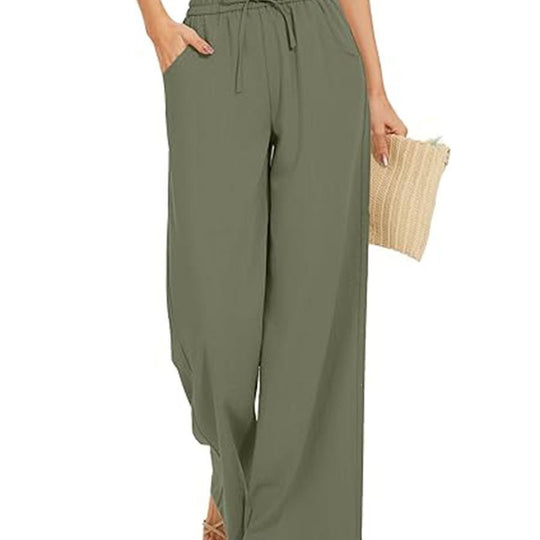 Damen Weite Leinenhose mit hohem elastischem Bund, Kordelzug und Eingrifftaschen Shop Nory