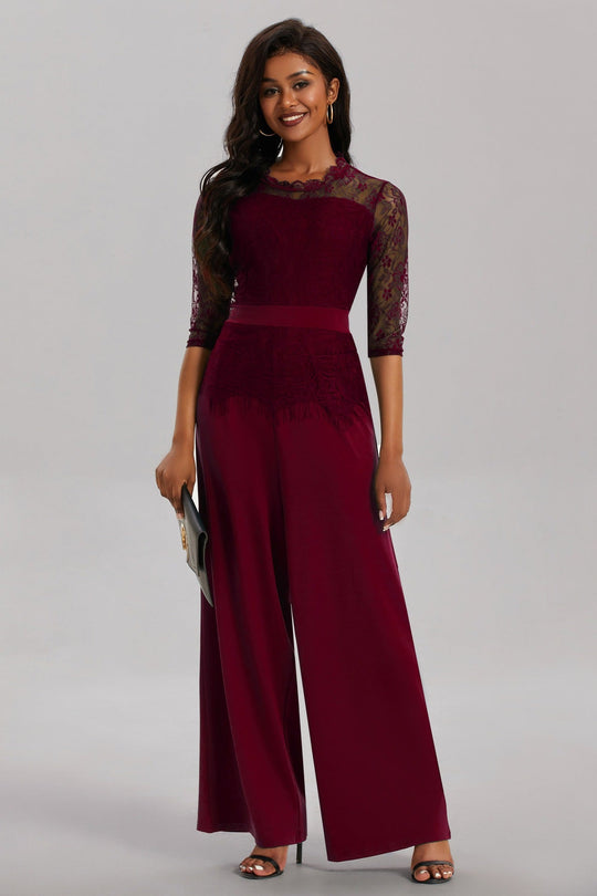 Eleganter Damen Jumpsuit mit Spitzenärmeln und Weitem Bein | Shopnory