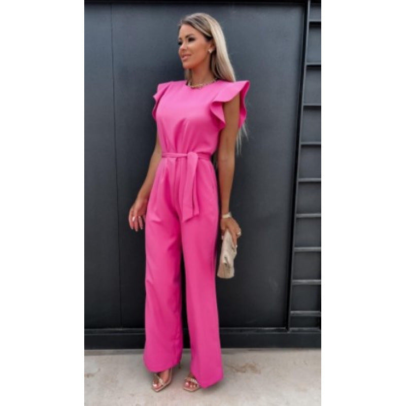 Frauen Fließender Weitbeiniger Jumpsuit mit Rüsche Ärmel