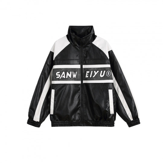 Unisex Retro-inspirierte Kunstleder-Bomberjacke mit Stehkragen, Kontraststreifen und Schriftpatch Shop Nory