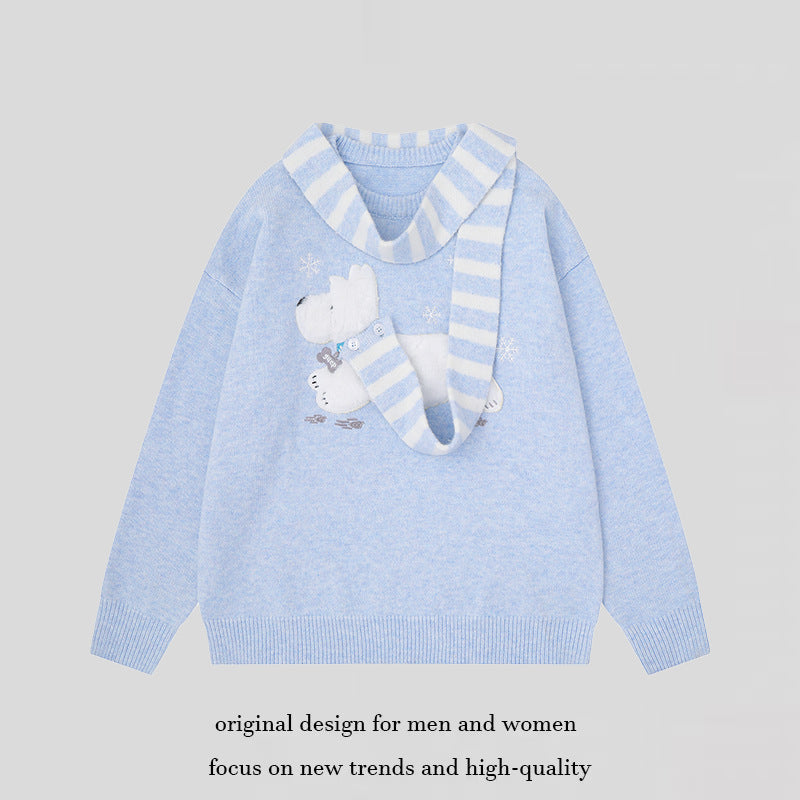Damen Kuscheliger Strickpullover mit Eisbär-Applikation und eingearbeitetem Streifenschal Shop Nory