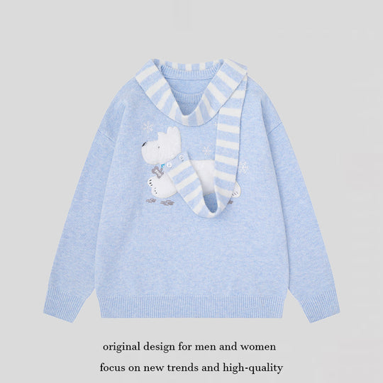 Damen Kuscheliger Strickpullover mit Eisbär-Applikation und eingearbeitetem Streifenschal Shop Nory
