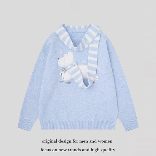 Damen Kuscheliger Strickpullover mit Eisbär-Applikation und eingearbeitetem Streifenschal Shop Nory