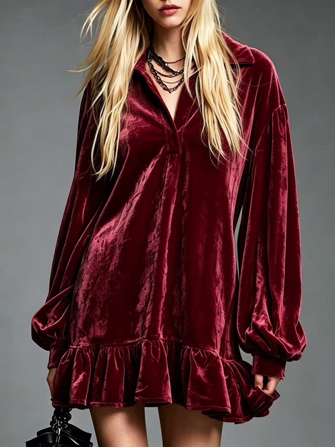 Damen Samt-Minikleid mit Volant-Saum, Ballonärmeln und Hemdkragen Shop Nory