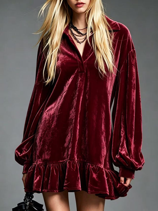Damen Samt-Minikleid mit Volant-Saum, Ballonärmeln und Hemdkragen Shop Nory