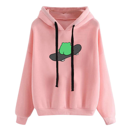 Damen nan kurz geschnittener Cropped-Kapuzenpullover mit niedlicher Frosch-Illustration und verstellbarer Kapuze Shop Nory