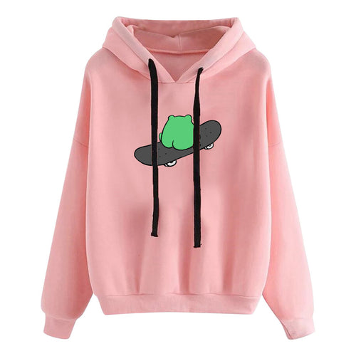 Damen nan kurz geschnittener Cropped-Kapuzenpullover mit niedlicher Frosch-Illustration und verstellbarer Kapuze Shop Nory