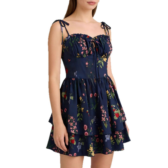 Damen Minikleid mit Blumenmuster und bordeauxfarbenem Unterrock Shopnory