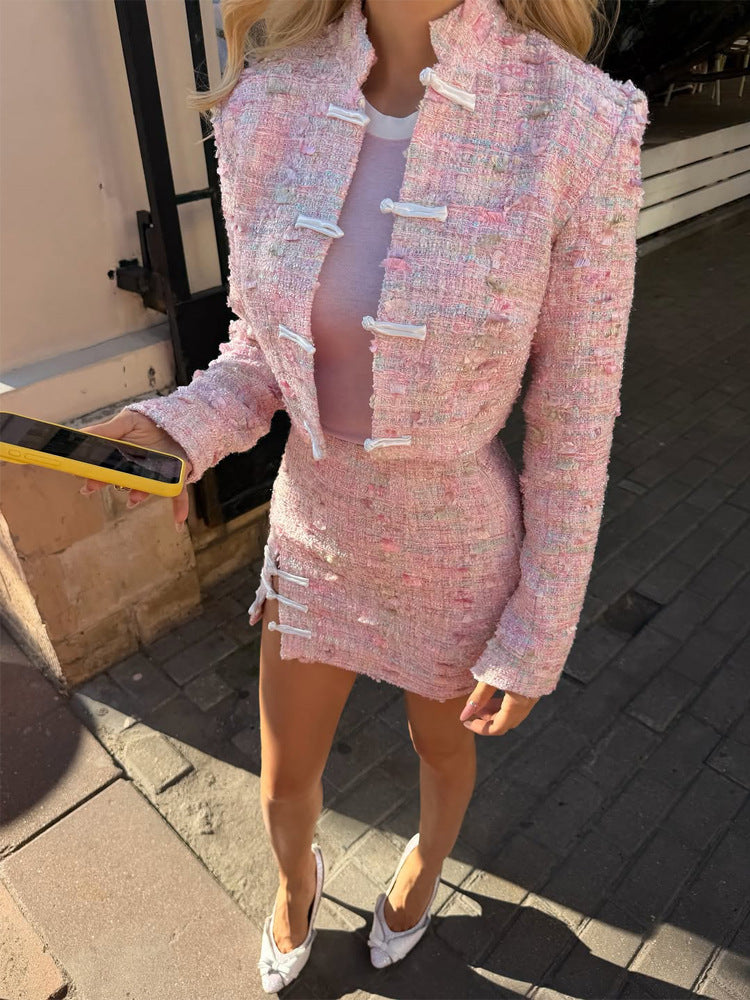 Damen Tweed-Zweiteiler Kurzjacke und Minirock im Bouclé-Stil Shop Nory