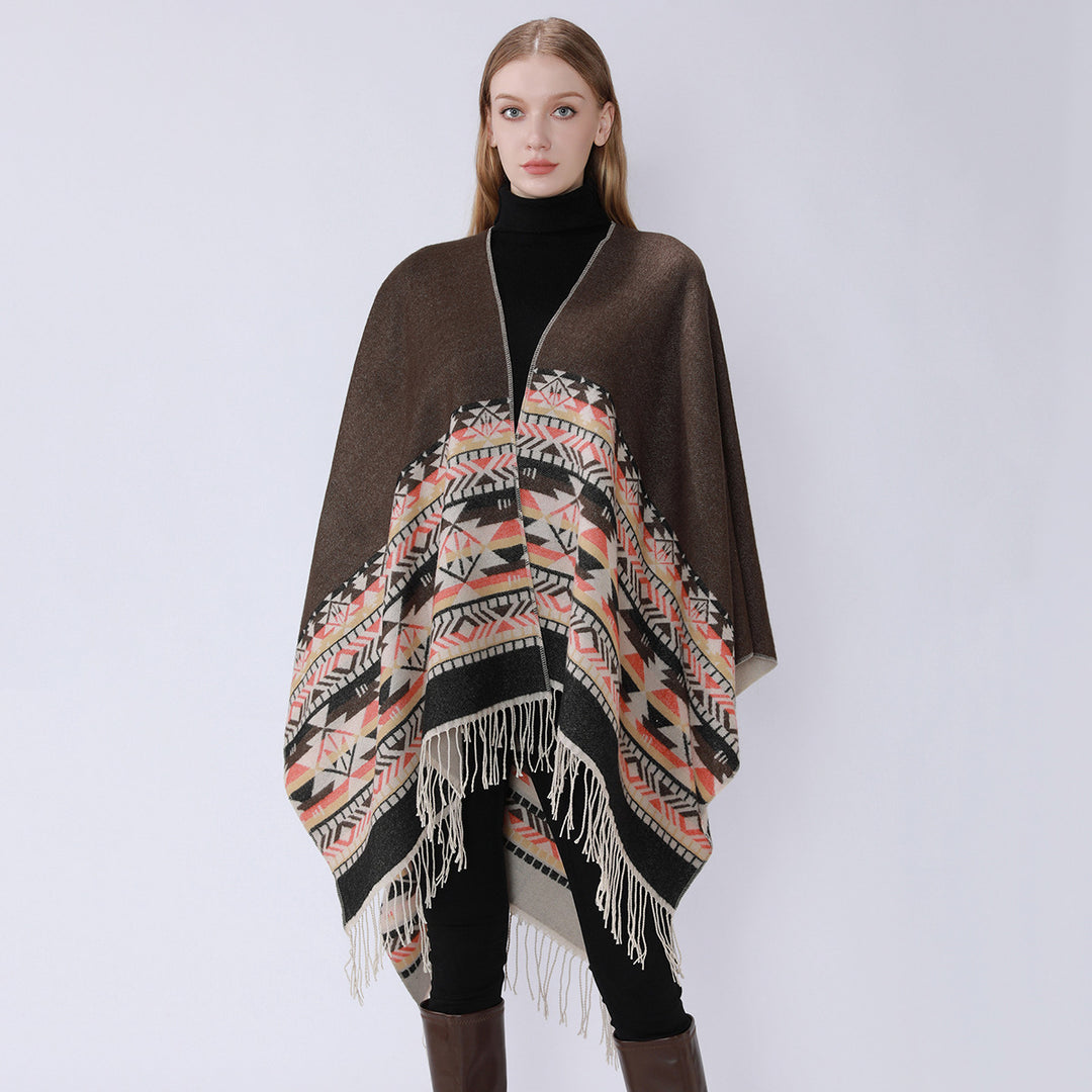 Damen V-Kragen-Überwurfponcho im Kimono-Fall mit Ethno-Bordüre und Fransensaum Shop Nory
