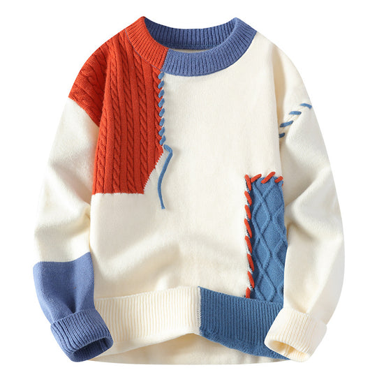 Unisex Patchwork-Strickpullover mit Zopfmuster-Applikationen und Rippabschlüssen Shop Nory