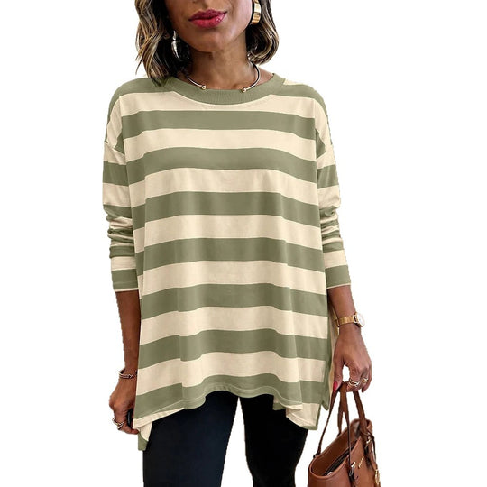 Damen Oversized Streifen-Longsleeve mit Rundhalsausschnitt und abgerundetem Saum Shop Nory