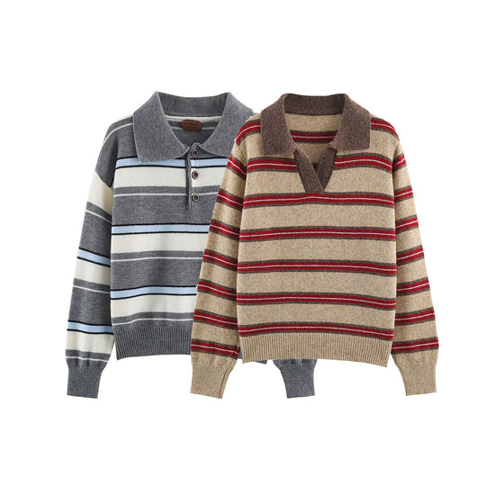 Damen Gestreifter Oversize-Pullover mit Polokragen und V-Ausschnitt Shop Nory