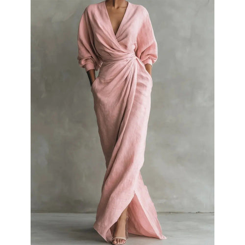 Damen Drapiertes Wickel-Maxikleid mit tiefem V-Ausschnitt, Taillen-Twist und Eingrifftaschen Shop Nory