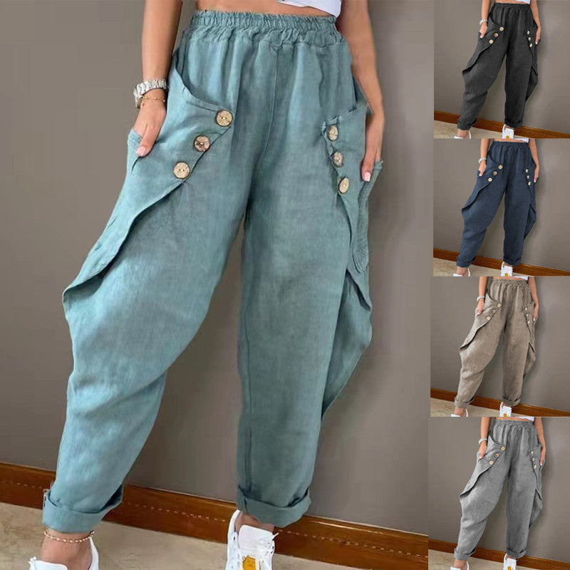Damen lässige Sommerhose mit Knopfdetails und praktischen Seitentaschen