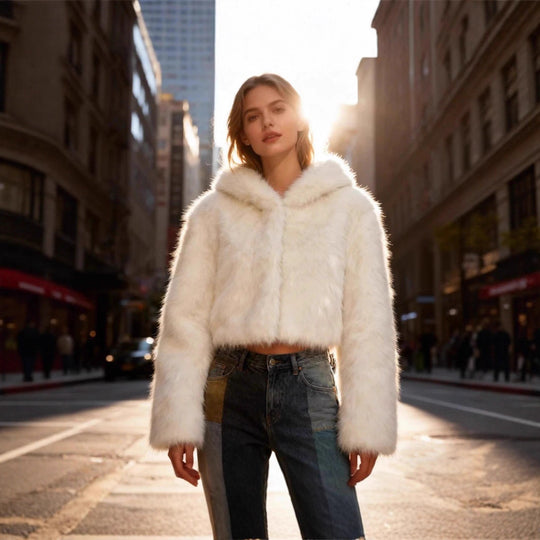Damen Cropped Kunstpelzjacke mit Kapuze, glatter High‑Pile‑Optik und schmaler Saum Shop Nory