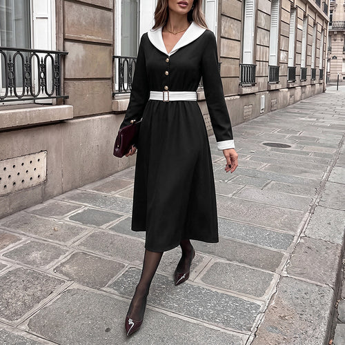 Damen Elegantes Midikleid mit Kragen und Gürtel Shop Nory