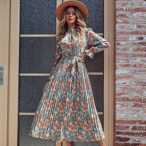 Damen Plissiertes Maxikleid mit Blumenprint, Stehkragen und Taillenband Shop Nory