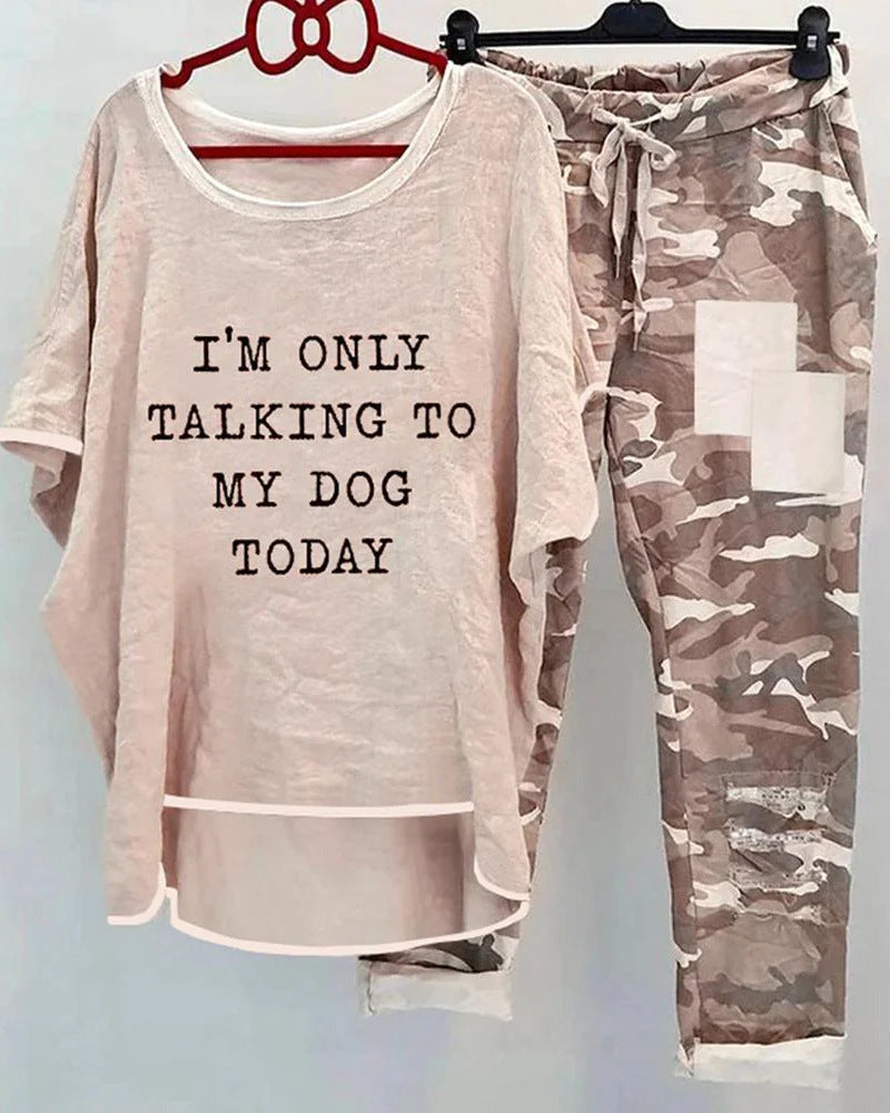 Damen nan weites Freizeit-Set mit Spruchaufdruck, weit geschnittenem Langshirt und Camouflage-Jogginghose