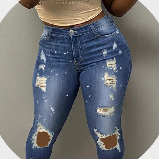 Damen hochgeschnittene enggeschnittene Superstretch-Jeans mit Used-Knierissen und Paint-Splatter Shop Nory