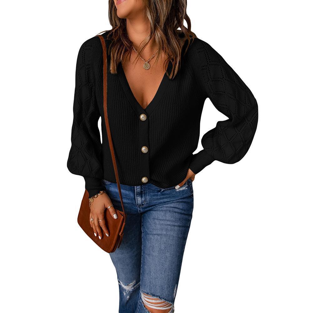 Damen Strickcardigan mit V-Ausschnitt, Zierknopfleiste und Ajourballonärmeln Shop Nory