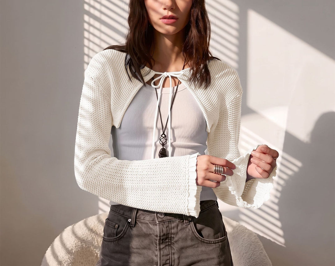 Damen Kurz-Bolero Häkeloptik mit BindShop Noryand und Volant-Ärmeln Shop Nory