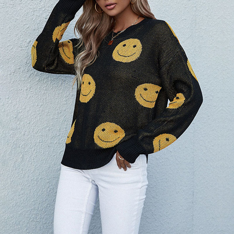 Damen lässiger Strickpullover mit Smiley‑Jacquard und Rundhalsausschnitt Shop Nory
