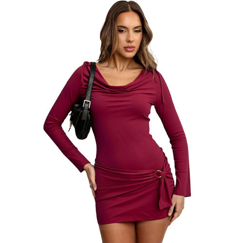 Damen figurbetontes Stretch-Minikleid mit Wasserfallkragen, langen Ärmeln und seitlicher Knotendrapierung Shop Nory