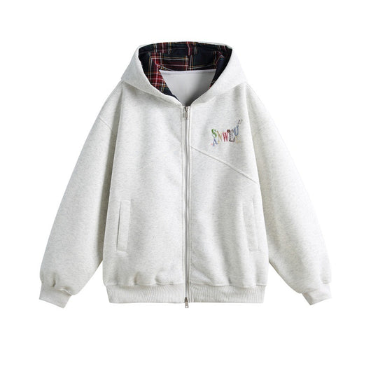 Damen Kapuzen-Sweatjacke im Boxy-Schnitt mit kariert gefütterter Kapuze und dezenter Stickerei Shop Nory